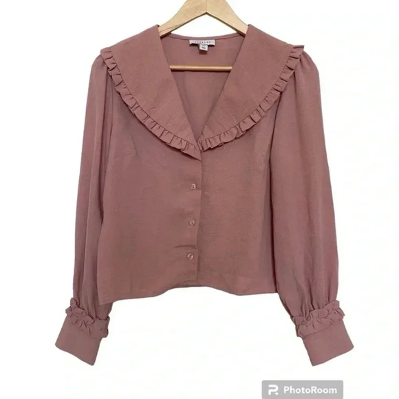 Topshop Womens Pink Large Collar Long Sleeve Ruffle Blouse - Picture 1 of 6